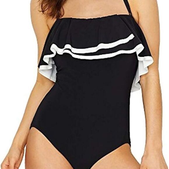 Contours Coco Reef Agate Ruffle Bandeau Bra Sized 1 Piece Swimsuit 12/36C blue - Picture 9 of 10